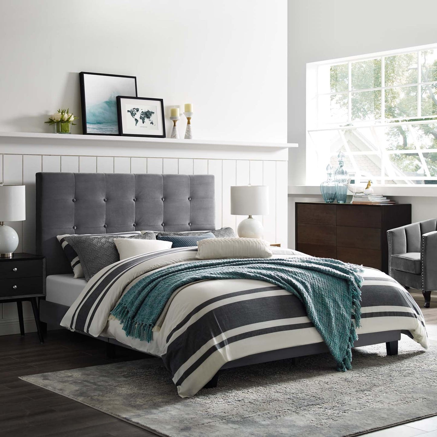 Gray Queen Upholstered Platform Bedframe + Mattress